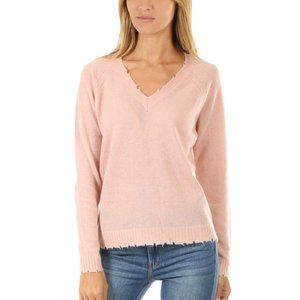 MINNIE ROSE V Neck Frayed Edge Sweater in Pink NWT